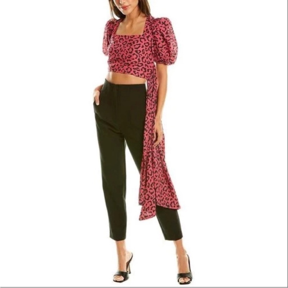 Hemant &‎ Nandita Puff Sleeve Crop Top Side Sash Pink Leopard Print XS